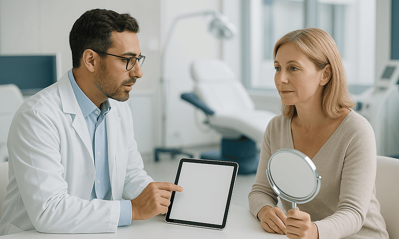 Doctor consulting with a patient about rhinoplasty options at Acibadem Hospital.