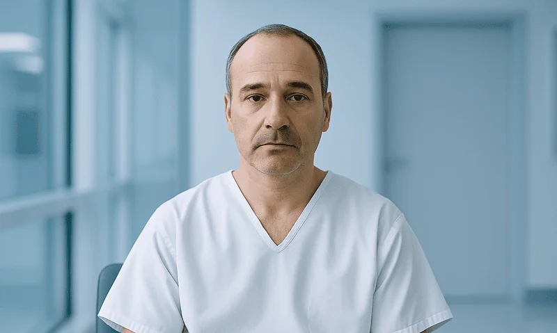Medical professional in a white uniform in a modern hospital corridor.