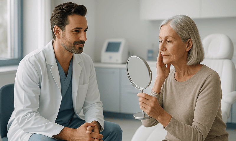 Senior woman consulting with a doctor about her health in a clinic setting.