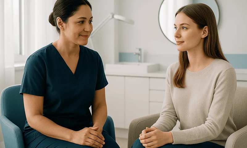Patient consulting with doctor about rhinoplasty recovery at Acibadem Hospital.