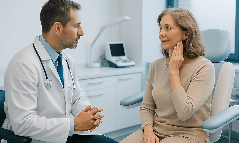Doctor consulting with middle-aged woman in a medical office.