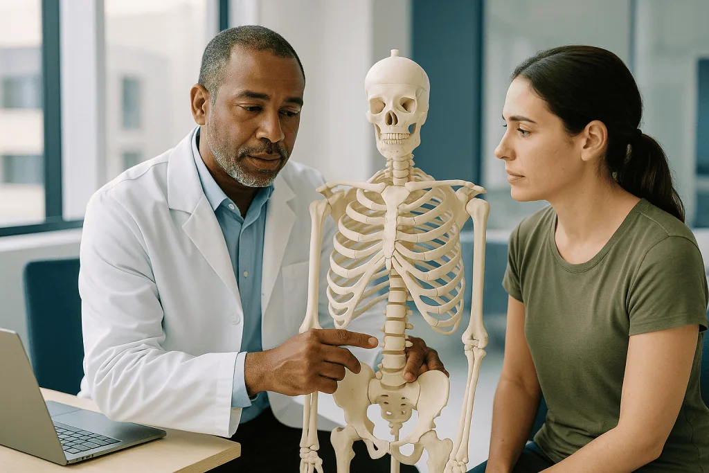 Doctor explaining skeleton anatomy to female patient: Rib cage anatomy: a quick tour of the thoracic cage