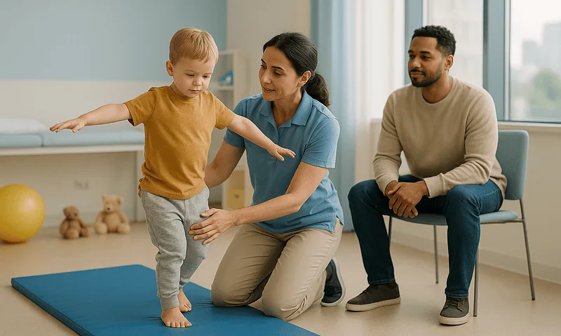 Child balancing on one foot during physiotherapy session at Acibadem Hospital.