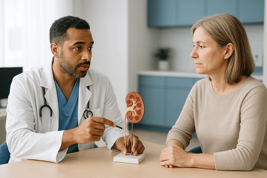 Doctor consulting patient with kidney model: Rigid or flexible scope: reaching a ureteral stone versus a kidney stone