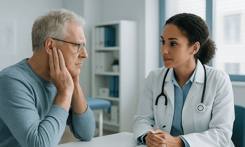 Doctor consulting with an elderly patient about tinnitus symptoms.