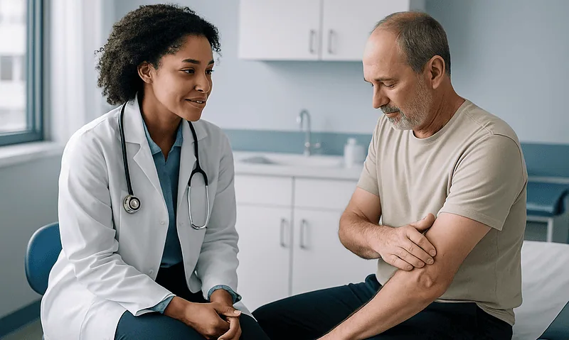 Doctor consulting with a patient in a medical office setting.