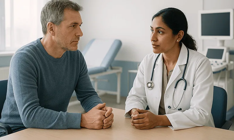 Doctor consulting with a male patient in a medical office.