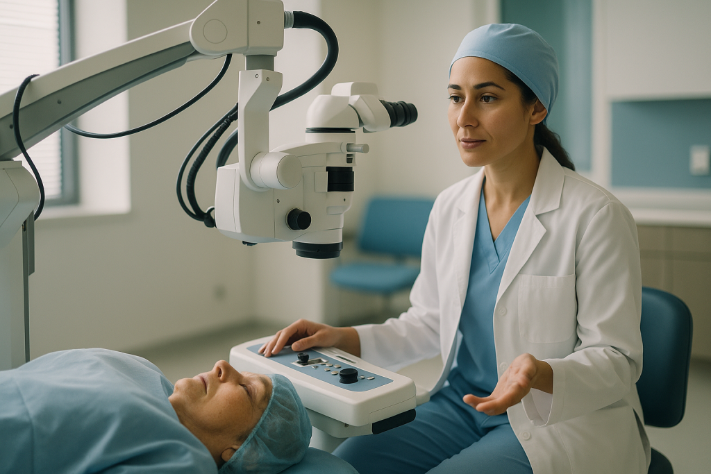 Ophthalmologist operating microscope with patient undergoing eye exam: Robot assisted cataract surgery: where lasers end and