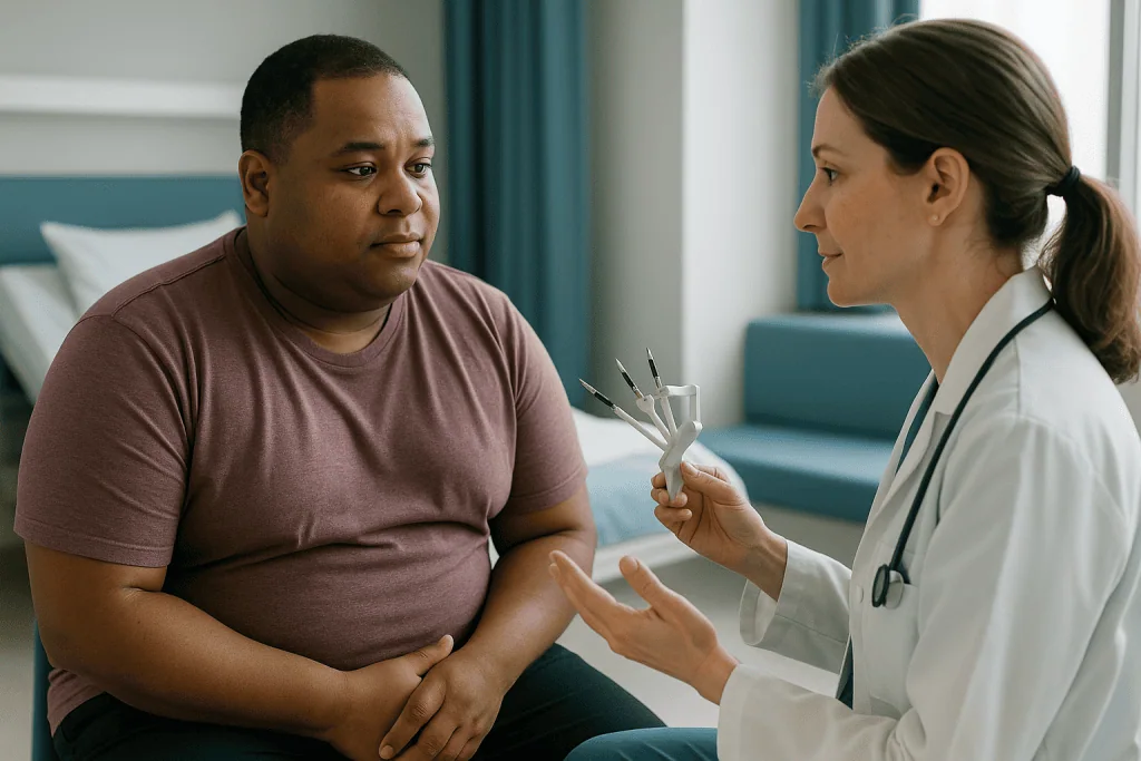 Doctor consulting with patient in hospital room: Robotic bariatric surgery benefits: what the evidence actually supports