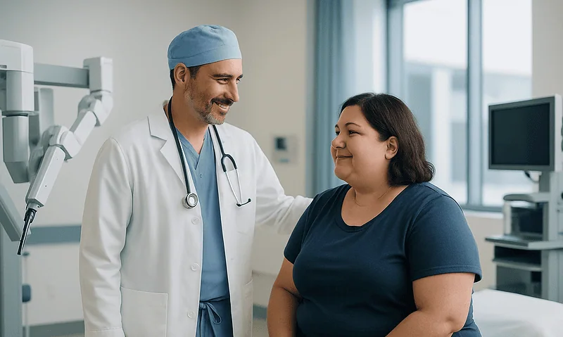 Doctor and patient smiling in a hospital room with medical equipment.