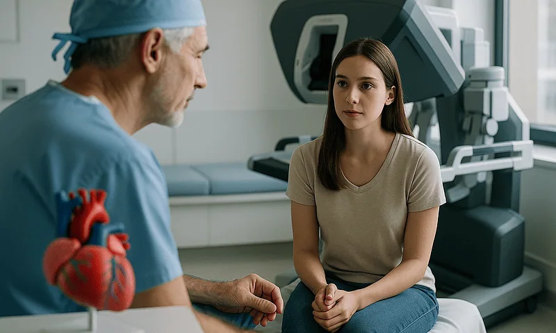 Patient consulting with a doctor in a hospital setting with advanced medical equipment.