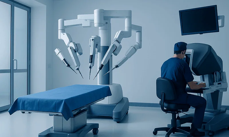 Advanced robotic surgical system in a modern hospital operating room.