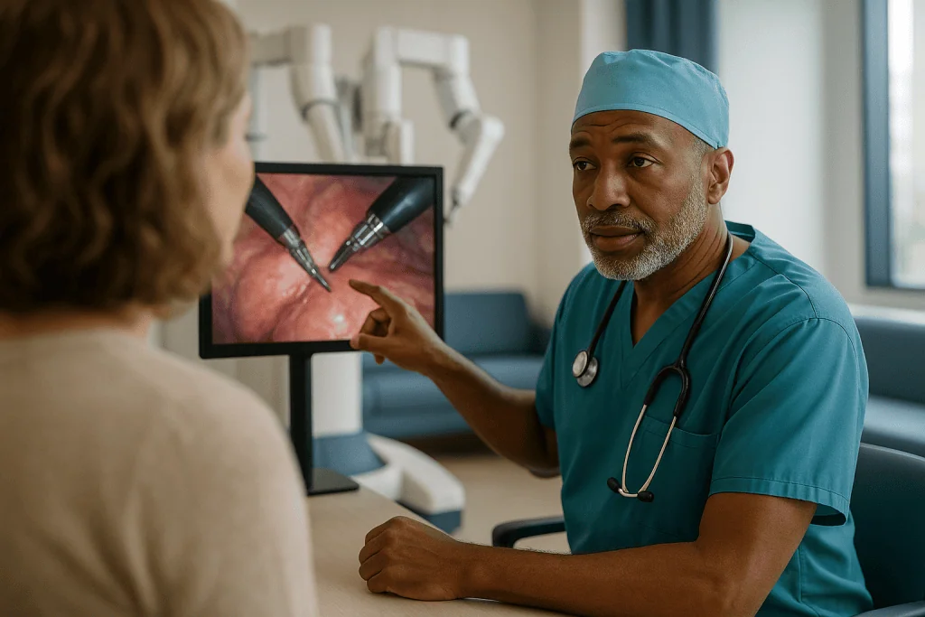 Surgeon discussing medical imaging with patient consultation: Robotic colorectal surgery benefits: what the evidence actuall