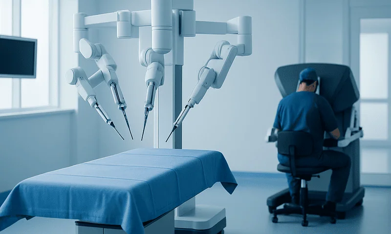 Robotic surgical system preparing for minimally invasive gallbladder surgery.