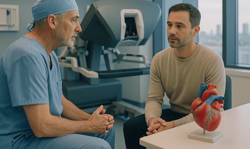 Doctor and patient discussing heart health in a medical office.