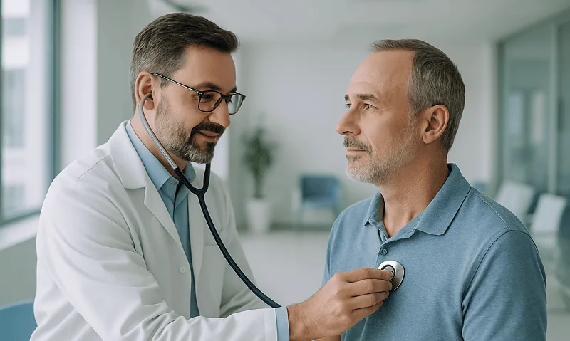 Doctor examining a patient with a stethoscope in a hospital setting.