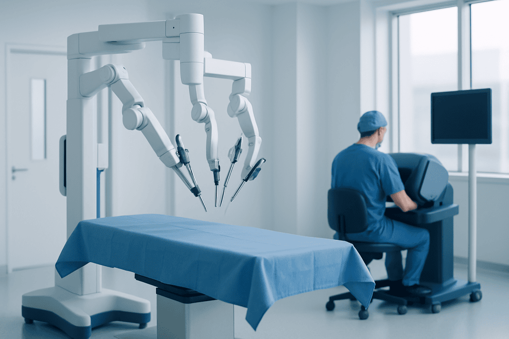 Robotic Hernia Surgery 1 Robotic surgical system preparing for hernia surgery at Acibadem Hospital.