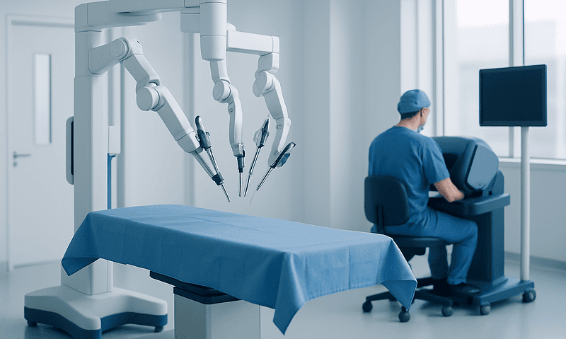 Robotic surgical system preparing for hernia surgery at Acibadem Hospital.