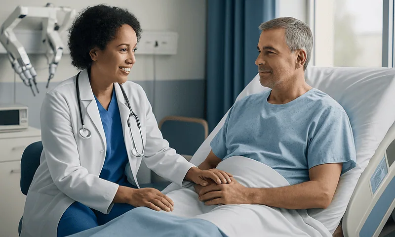 Doctor and patient in hospital room during consultation.