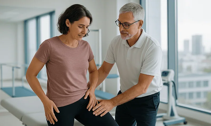 Orthopedic doctor examining patient's hip in a modern clinic setting.