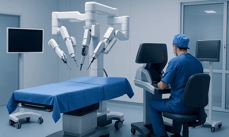 Robotic surgical system preparing for a hysterectomy procedure at Acibadem Hospitals.