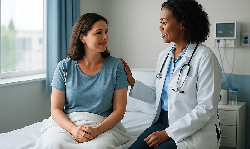 Doctor comforting a patient in a hospital room.