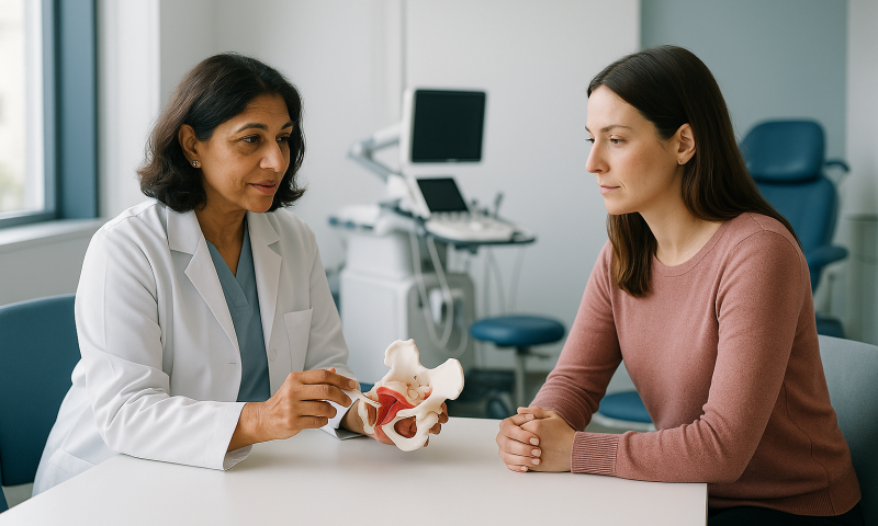 Doctor explaining pelvic anatomy to patient during consultation at Acibadem Hospital.