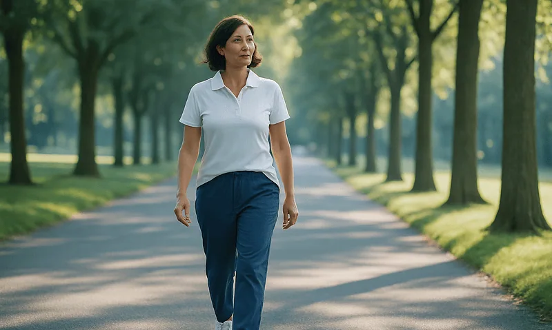 Woman walking outdoors on a sunny day in a park with trees.