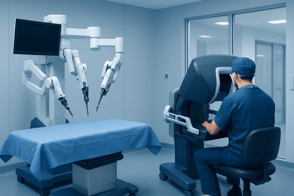 Robotic Lung Surgery 1 Robotic surgical system preparing for lung surgery at Acibadem Hospital.