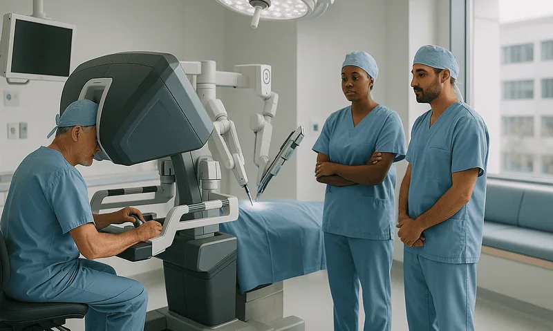 Medical team operating a robotic surgical system in a modern hospital.