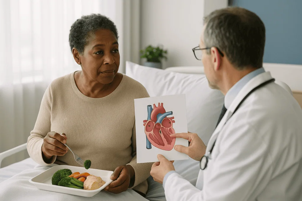 Doctor consulting patient about heart anatomy diagram: Robotic mitral valve repair candidates: the flagship case