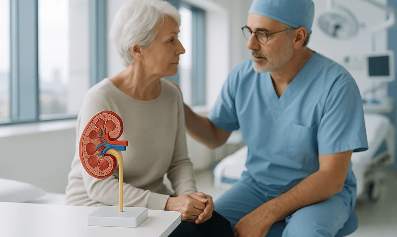 Urologist explaining kidney health to elderly woman in hospital.