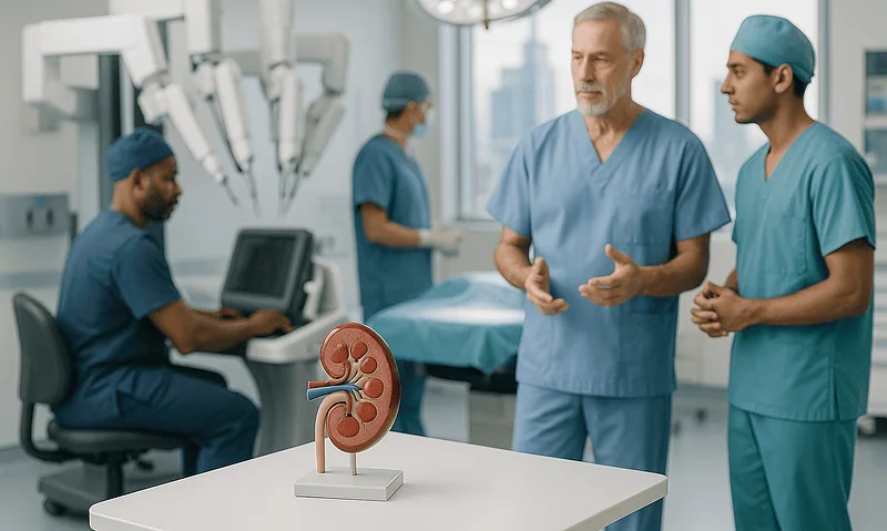 Medical team discussing robotic partial nephrectomy in a modern hospital.
