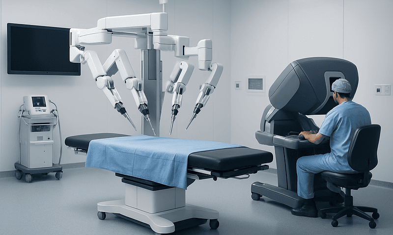 Robotic surgical system in a modern hospital operating room.
