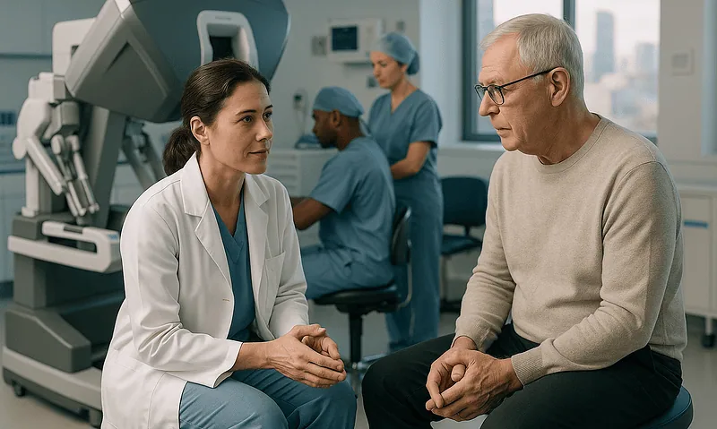 Urologist consulting with an elderly male patient in a hospital setting.
