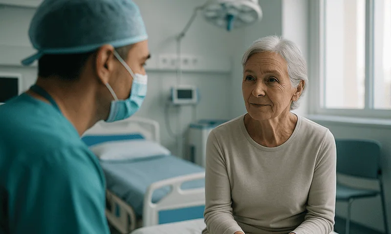 Doctor consulting with elderly patient in hospital room.
