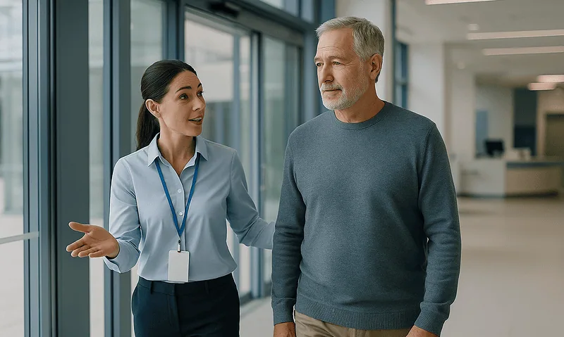 Hospital staff member discussing with a patient in a modern healthcare facility.