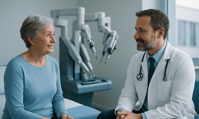 Doctor and elderly woman in consultation with robotic surgical equipment in background.