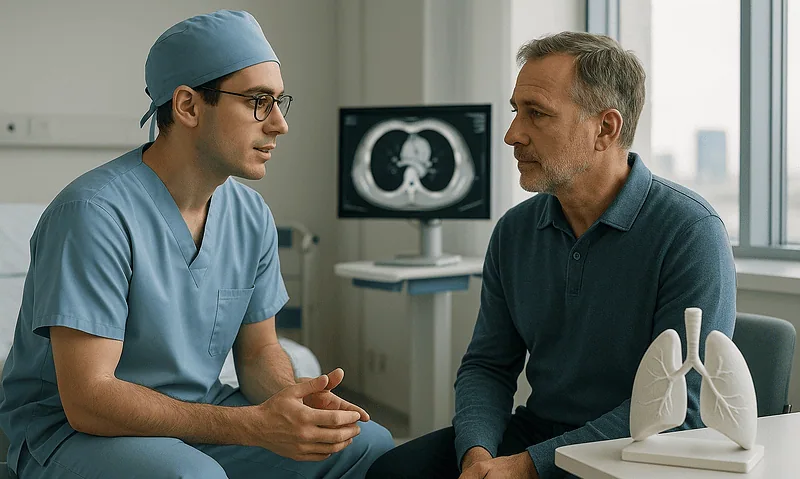 Doctor consulting with patient in a hospital room with lung scan on monitor.