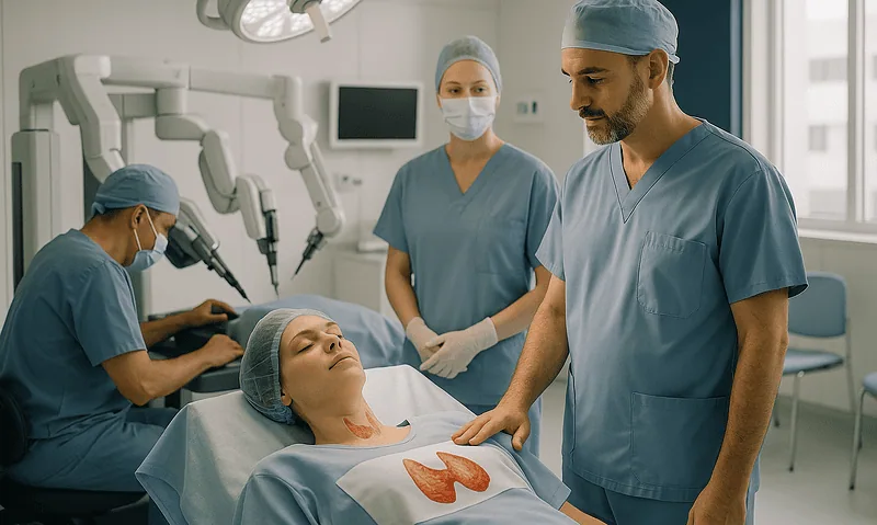 Surgeons perform robotic thyroidectomy in a modern operating room.