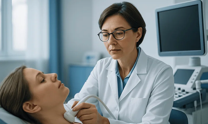 Doctor performing an ultrasound on a patient in a hospital setting.