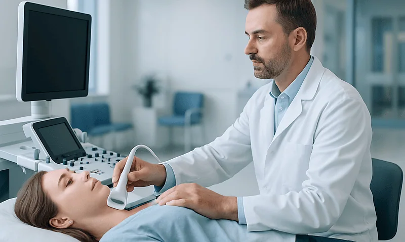 Doctor performing a thyroid ultrasound on a patient in a medical clinic.
