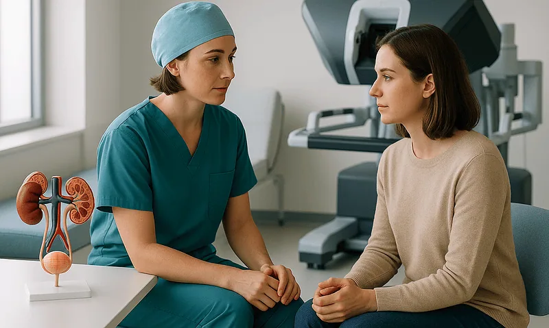 Urologist consulting patient in a medical office with kidney model and advanced equipment.