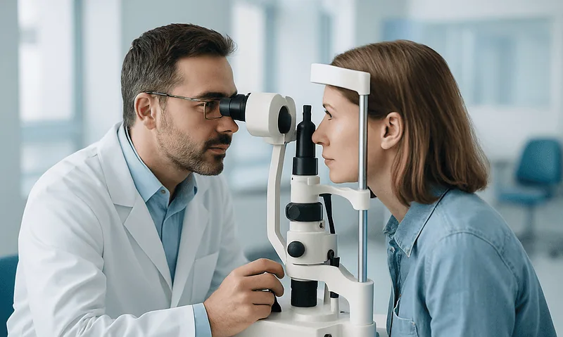 Robotic vs Conventional Eye Surgery: Where Computer Assistance Helps and Where It Does Not 4 Ophthalmologist examining patient's eye with slit lamp in clinic.