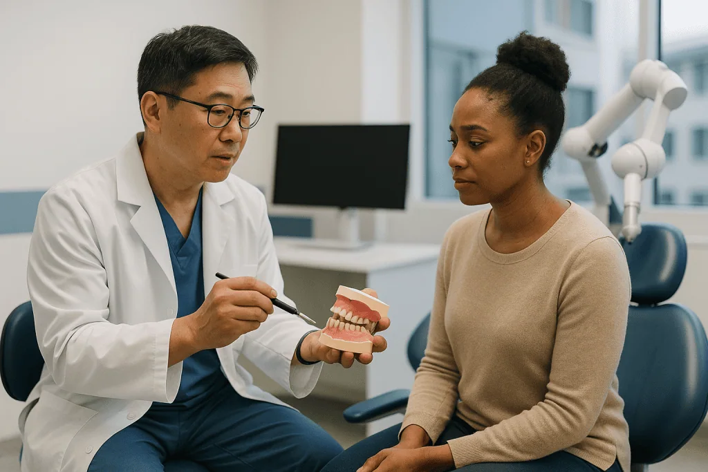 Dentist explaining dental model to female patient: Robotic vs guided implant surgery vs freehand: how the approaches compare