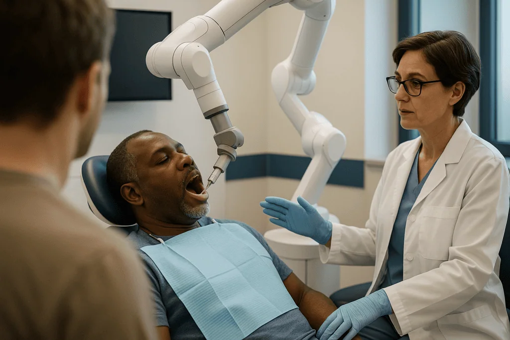 Dentist examining patient's teeth with robotic dental equipment: Robotic vs guided implant surgery: what actually differs on