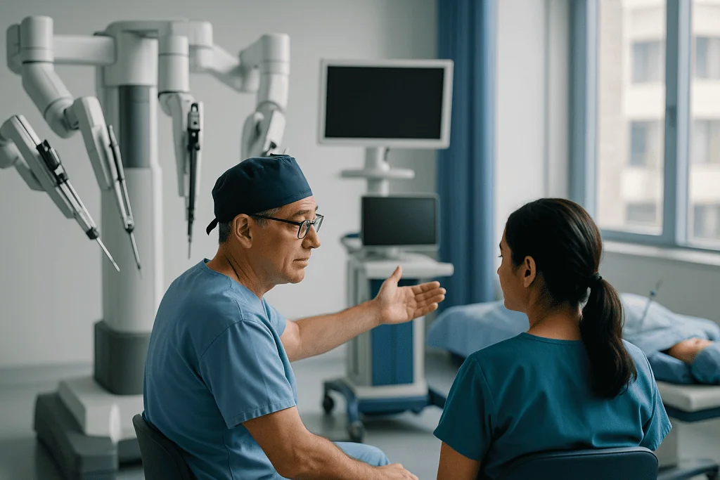 Surgeon consulting with colleague in operating room: Robotic vs laparoscopic bariatric surgery: a side-by-side view