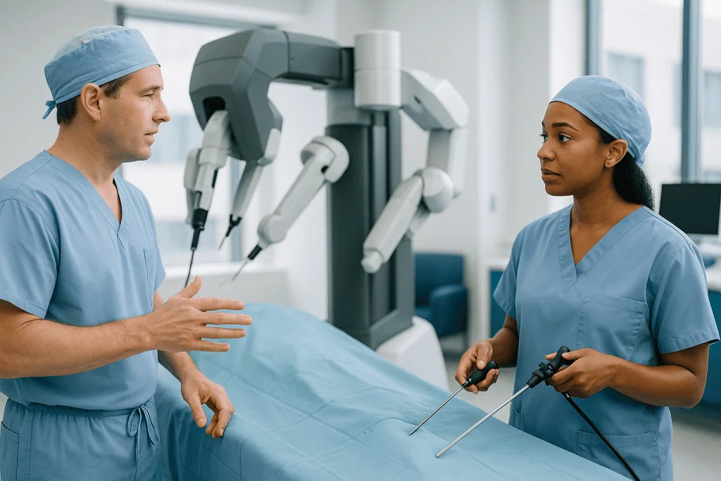 Two surgeons discussing robotic surgical equipment in OR: Robotic vs laparoscopic kidney surgery: side-by-side comparison