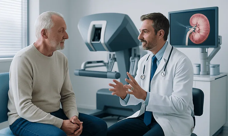 Urologist consulting with patient in a modern hospital setting.