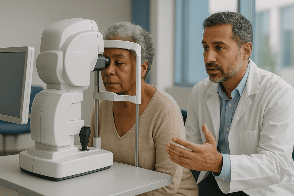 Ophthalmologist conducting eye examination with tonometer: Robotic vs manual eye surgery: what the trials show for cataracts